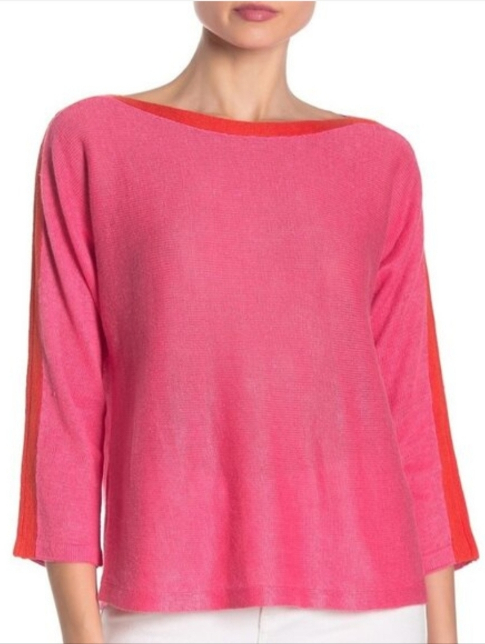 Eileen Fisher Pink Boat Neckline Sweater with Orange Contrast